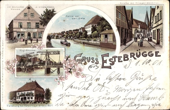 Chromo-Litho Estebrügge Jork in the old country, drawbridge, Esteburg, church, war memorial, in the German house