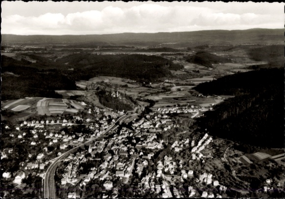 Postcard Lorch in Rheingau Hesse, aerial view of vineyards, streets, houses