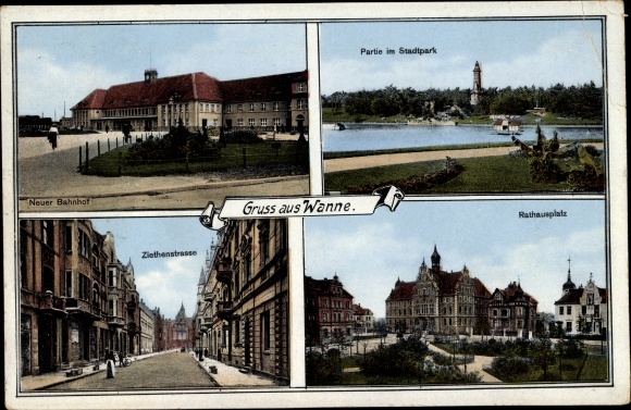 Postcard Wanne Herne in the Ruhr area, new train station, city park section, town hall square, Ziethenstrasse