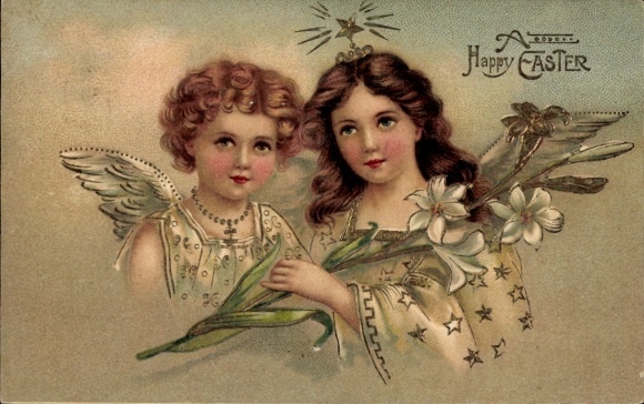 Postcard Dresden Altfranken, Two angels with haloes, lilies and palm branches