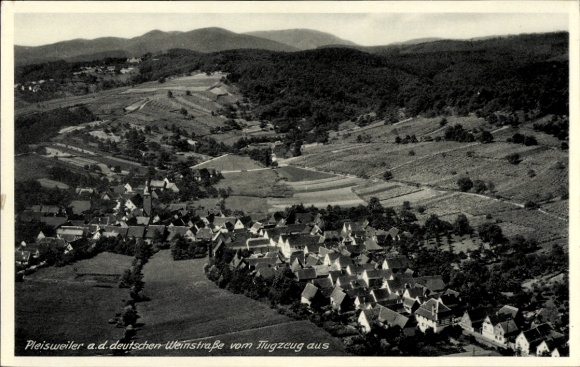 Postcard Pleisweiler Oberhofen in the Palatinate, aerial view of a wine village, hilly landscape, vineyard