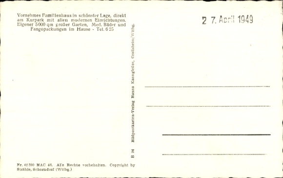 Postcard Bad Mergentheim in Tauberfranken, diet health resort Haus in der Sonne, railway line
