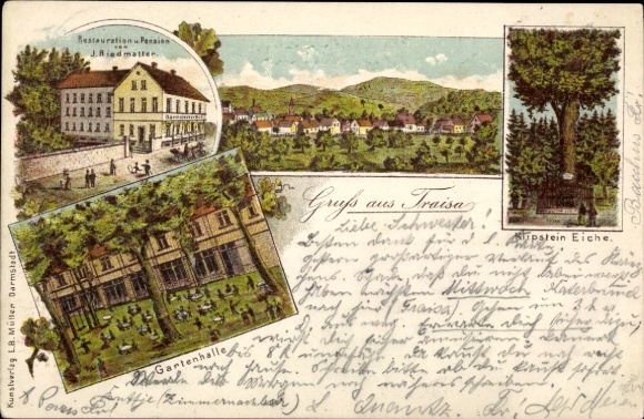 Chromo-Litho Traisa Mühltal in the Vorderen Odenwald Hesse, restoration and guesthouse, Klipstein oak