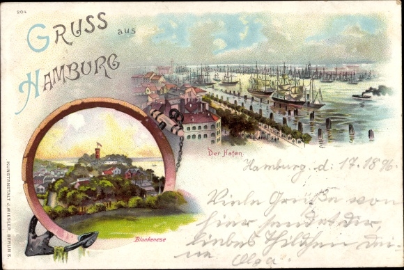 Chromo-Litho Hamburg Altona Blankenese, harbor, city view