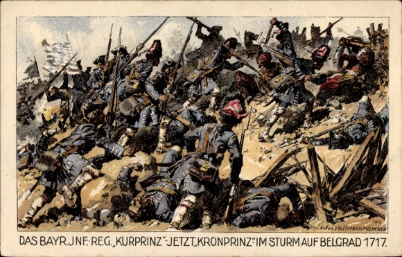 Künstler Litho Hoffmann, Anton, Das bayr. Inf Regt Kurprinz, Im Sturm auf Belgrad 1717