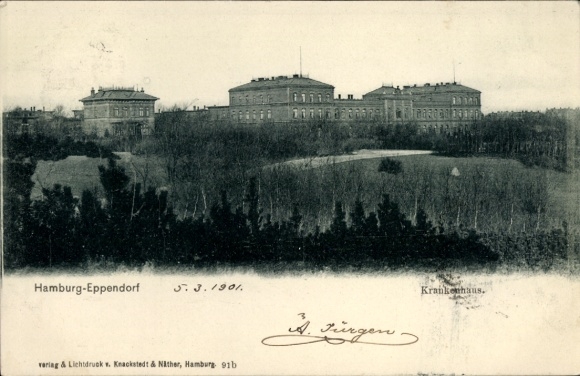 Postcard Hamburg Nord Eppendorf, hospital, administration building, director's residence, parks