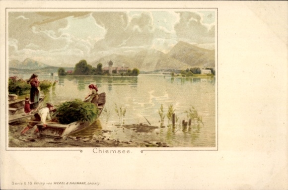 Kunstenaar litho gemeente Chiemsee Opper-Beieren, boten, landschapspanorama