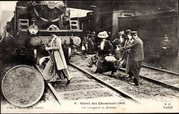 PC France, railway strike 1910, train station, locomotive, passengers crossing rails, coin