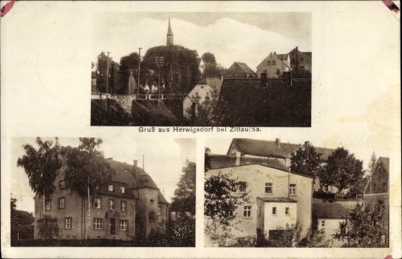 Ansichtkaart Mittelherwigsdorf in Saksen, stadsgezichten, huizen, kerktoren