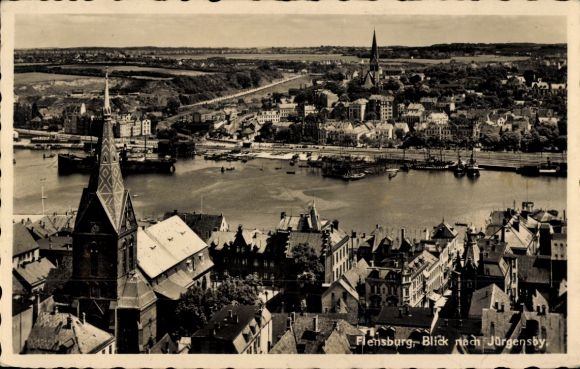 Postcard Flensburg in Schleswig Holstein, Panorama, Jürgensby, Church