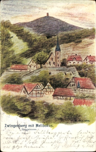 Postcard Zwingenberg on the Bergstraße in Hesse, partial view, Melibokus, drawing