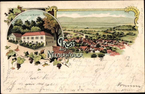 Chromo-Litho Niederweiler Büchenbeuren in the Hunsrück, restoration Warteck, view of the town