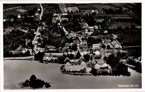 Postcard Neuhaus am Inn in Lower Bavaria, total view of the village, aerial photograph