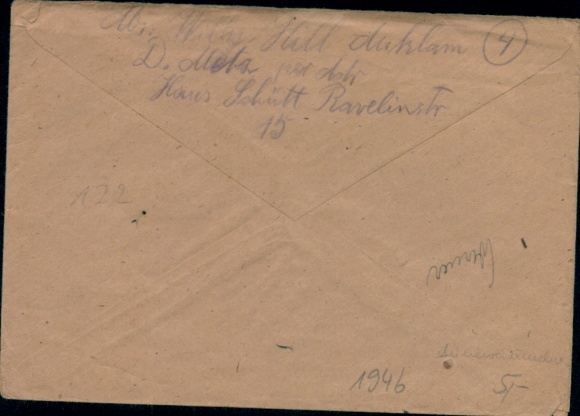 List Anklam 1946, znaczek Deutsche Post 24 Pfennig, do MS Germania, Sperrwaffenarsenal
