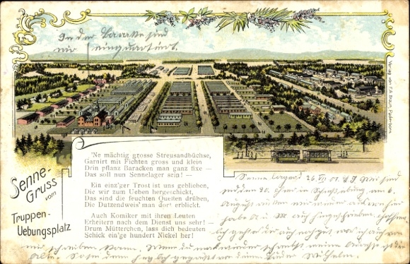 Chromo-Litho Schloss Neuhaus Paderborn in Westphalia, Sennelager, military training area Senne, poem