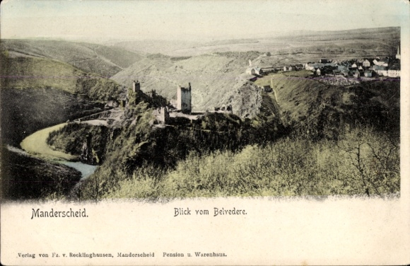 Ak Manderscheid in der Eifel, Blick vom Belvedere, Burgruine, Fluss, Landschaft