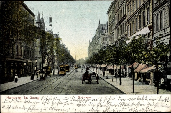 Postcard Hamburg Mitte St. Georg, Partie am Steindamm, Tram