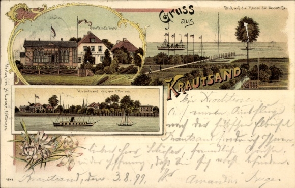 Chromo-Litho Krautsand Drochtersen in the Stade district, steamer bridge, Rhede, Elbe section