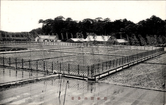 Postcard Ōmihachiman Shiga Prefecture Japan, rice field, water areas, fences, trees, buildings