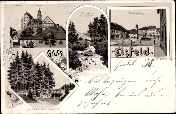 Chromo-Litho Eisfeld in Thuringia, market square, Werragrund, castle, Werraquelle