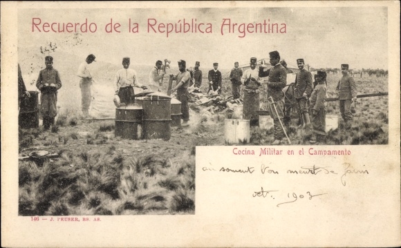 Postcard Argentina, soldiers cooking