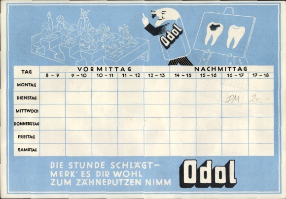Timetable advertising ODOL mouthwash toothpaste, perfect oral care around 1950