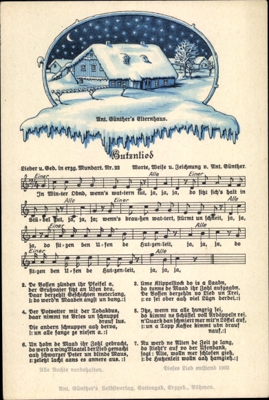 Song Postcard Anton Günther, Butznlied, A. Günther&#39;s parents&#39; house in winter, dialect No. 22