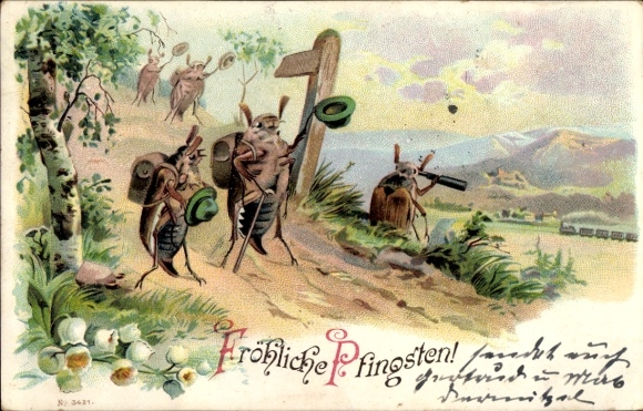 Litho Frohe Pfingsten, Wandernde Maikäfer, Maiglöckchen