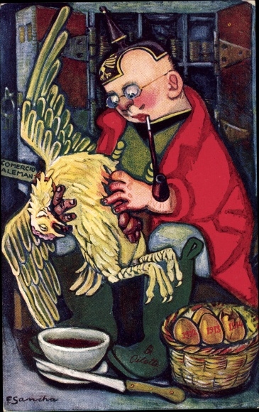Artist Postcard The Hen that laid the Golden Eggs, caricature Germany 1. WK