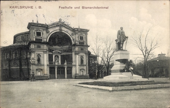 Ak Karlsruhe in Baden, Festhalle und Bismarckdenkmal