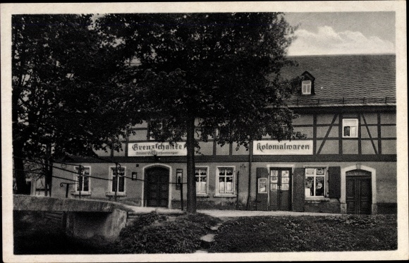 Ansichtkaart Niedermülsen Mülsen in Saksen, koloniale goederen, Grenzschänke Niedermülsen eigenaar B.Schwarzenberger