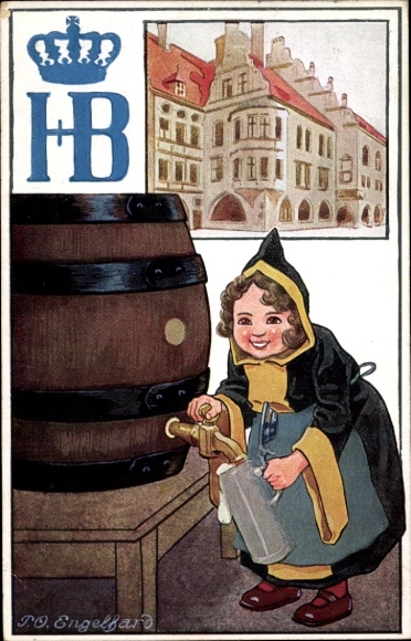 Artist Postcard Engelhard, PO, Munich Hofbräuhaus, HB Hofbräu advertising, Kindl, beer barrel, beer mug