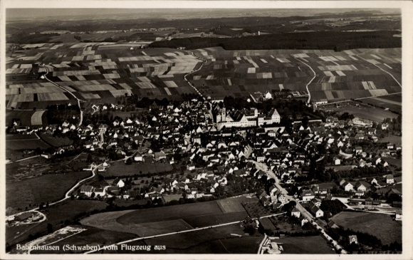 Postcard Babenhausen Swabia, aerial photograph of Babenhausen, rural surroundings, black and white, format
