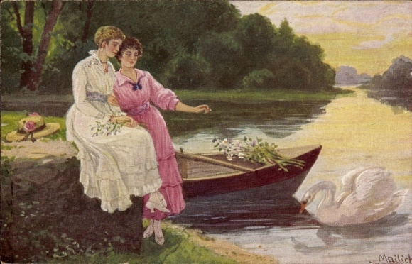 Artist Postcard Mailick, At the park pond, swan, two women