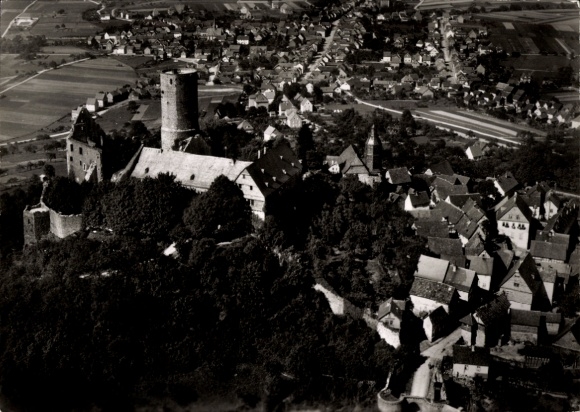 Postcard Gießen an der Lahn Hessen, aerial view of Gleiberg Castle, surrounded by residential areas, rural