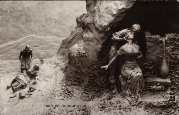 Artist Postcard Mastroianni, young couple in love at the fountain, old couple