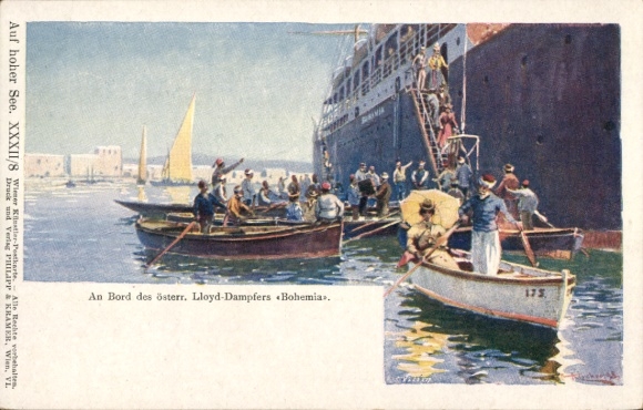 Artist Postcard steamer Bohemia of the Austrian Lloyd, rowing boats
