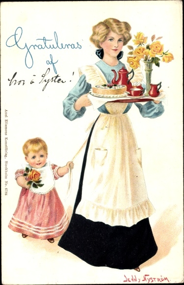 Artist PC Nyström, J., maid, breakfast, baby, flowers