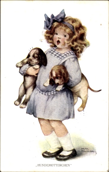 Artist Postcard Dog Mother, Girl with Puppies