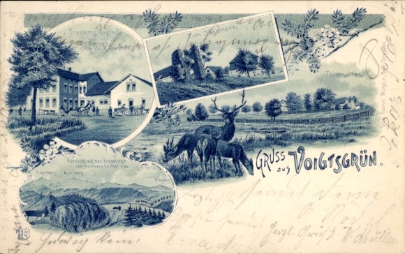 Chromo-Litho Voigtsgrün Hirschfeld in Saxony, Zum Jägerhorn, landscape, deer