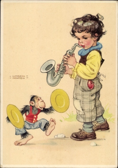 Artist PC Lungershausen, Ilse Wende, boy plays saxophone, chimpanzee