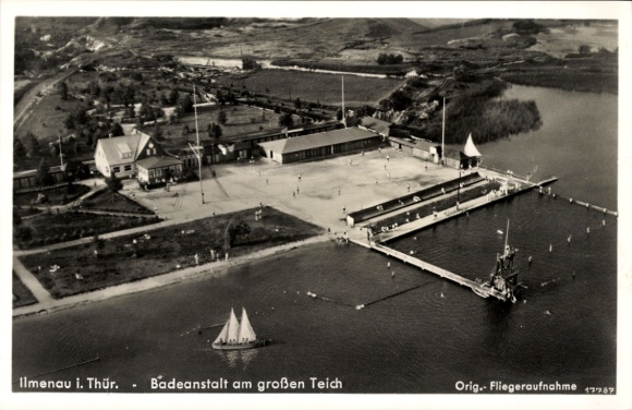 Postcard Ilmenau in Thuringia, aerial photograph, bathing establishment at the large pond