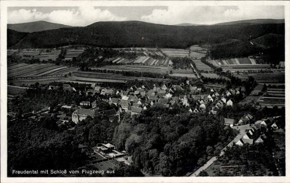 Postcard Freudental in Württemberg, aerial view of castle visible, rural area