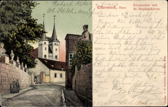 Postcard Osterwieck am Harz, school center and St. Stephanikirche