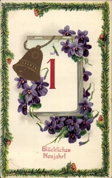Embossed Passepartout Postcard Congratulations New Year, bell, calendar, violet