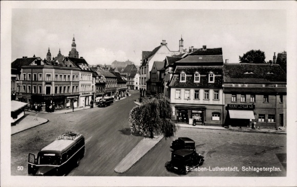 Postcard Lutherstadt Eisleben in Saxony-Anhalt, coach, cigar shop, Curt Thiele shop