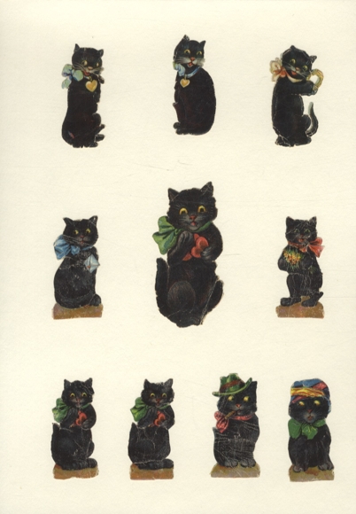 10 wafelków czarnych kotków z kolorowymi kokardkami i czapeczką (częściowo marszczoną), wymiary ok. 9 x 4 i 6 x 3 cm