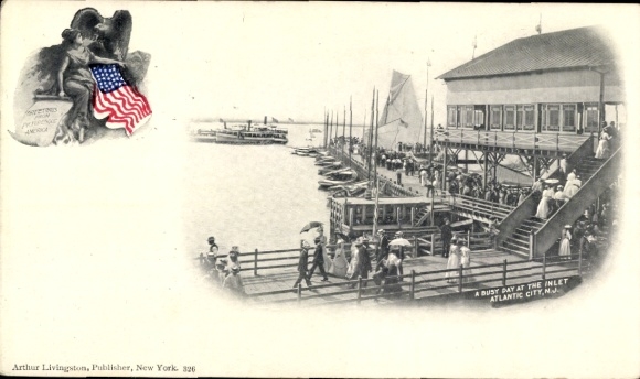Atlantic City New Jersey USA, menigte, pier, haven, boten, Amerikaanse vlag, historisch...