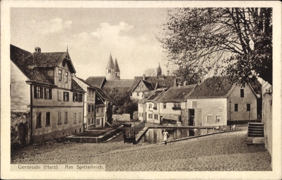 Ak Gernrode Quedlinburg in de Harz, Am Spittelteich, uitzicht op de stad, gebouw, vijver