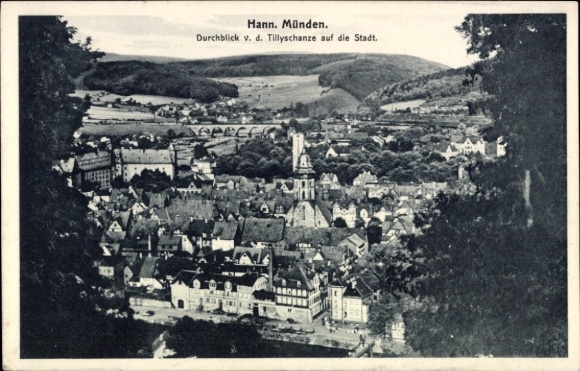 PC Hann. Münden in Lower Saxony, city view, Tillyschanze, bridges, hills, trees